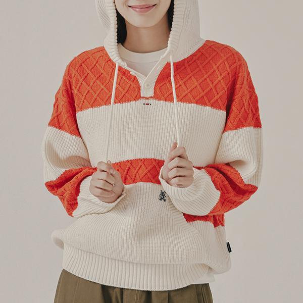 韓國Romantic Crown - STRIPE RIB KNIT HOODIE_OATMEAL