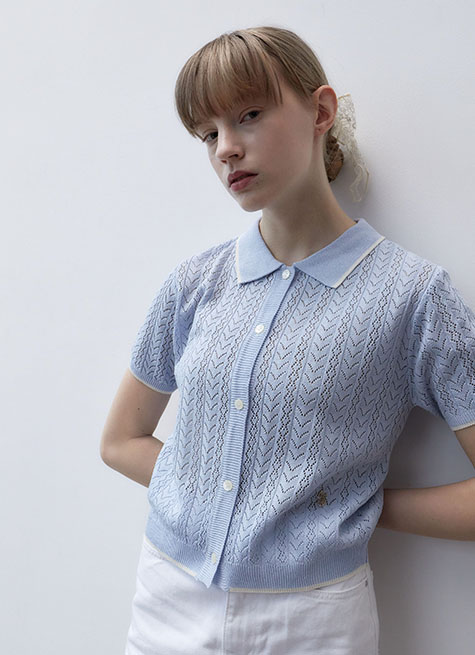 韓國ITER - LINE POINT PUNCHING HALF SLEEVE COLLAR CARDIGAN _SKY BLUE