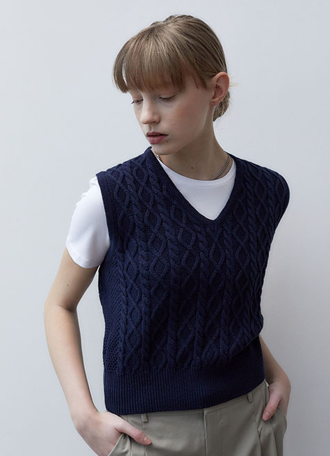 韓國ITER - CABLE V-NECK KNIT VEST_NAVY 