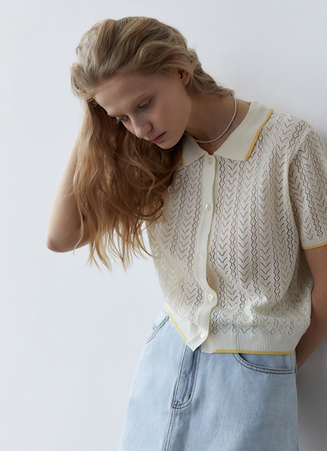 韓國ITER - LINE POINT PUNCHING HALF SLEEVE COLLAR CARDIGAN_IVORY