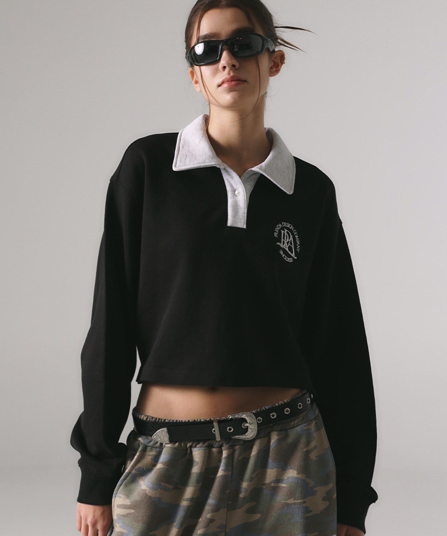 韓國PRENDA - COMBINATION CROP COLLARED SWEATSHIRT BLACK