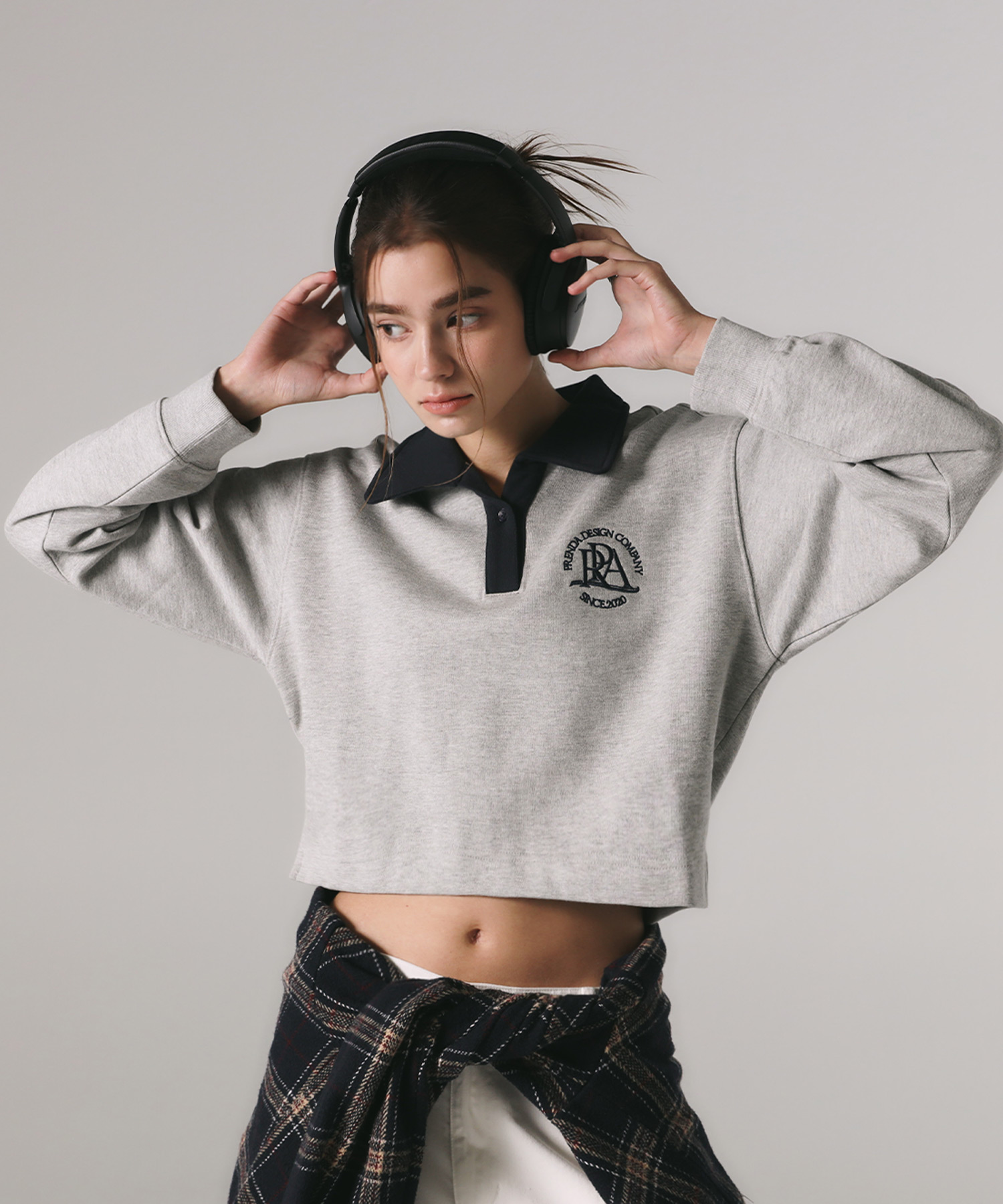 韓國PRENDA - COMBINATION CROP COLLARED SWEATSHIRT GRAY