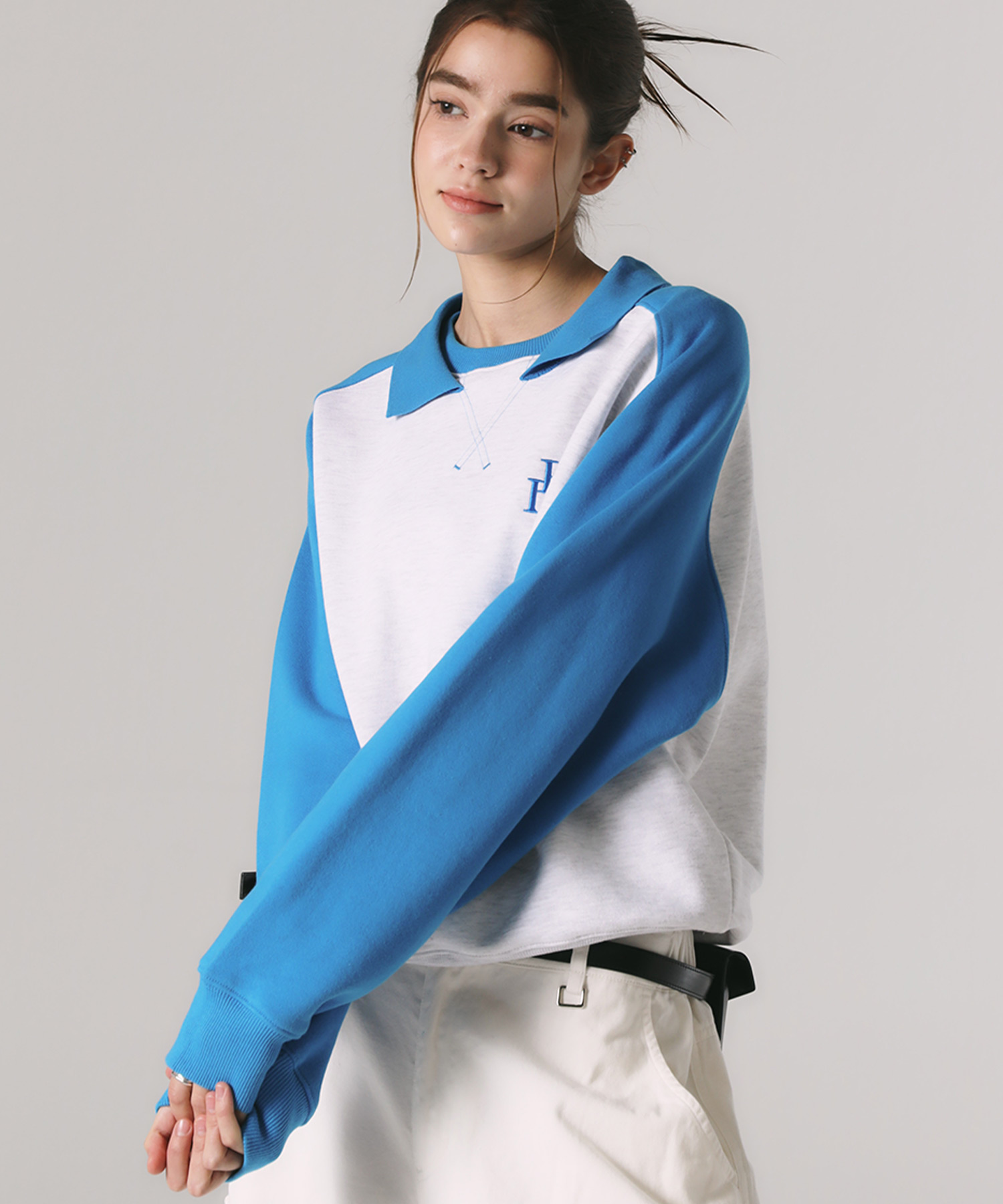 韓國PRENDA - POINT COLLARED RAGLAN SWEATSHIRT BLUE