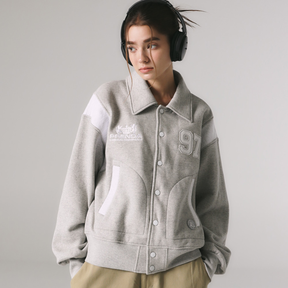 韓國PRENDA - SWEAT VARSITY JACKET GRAY