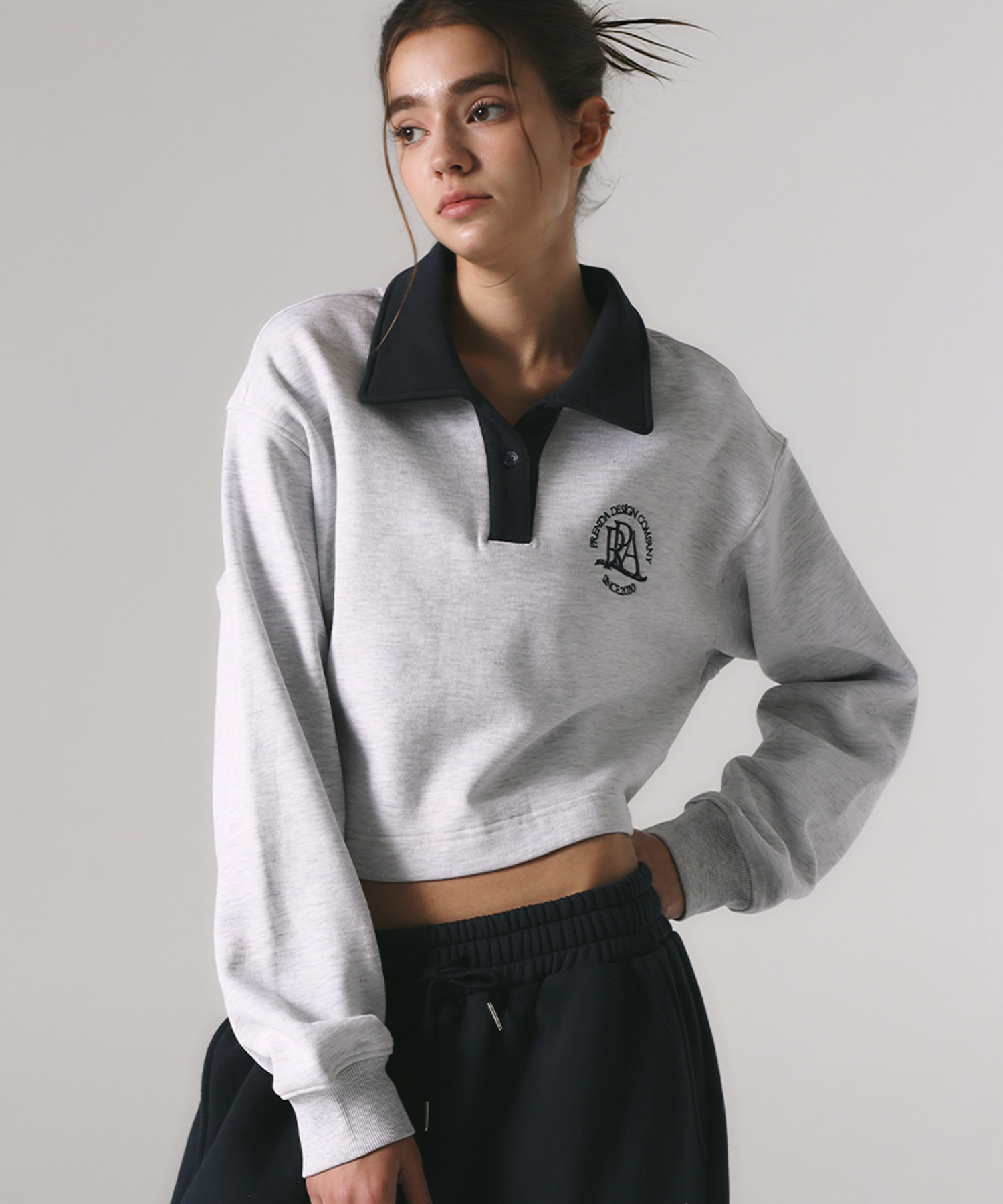 韓國PRENDA - COMBINATION CROP COLLARED SWEATSHIRT HEATHER GRAY