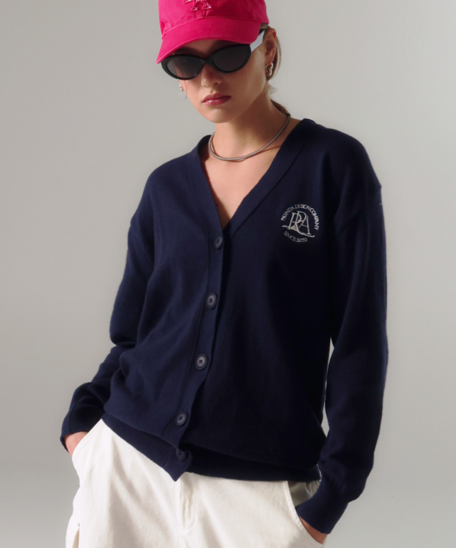 韓國PRENDA - MAIN LOGO WOOL CARDIGAN NAVY