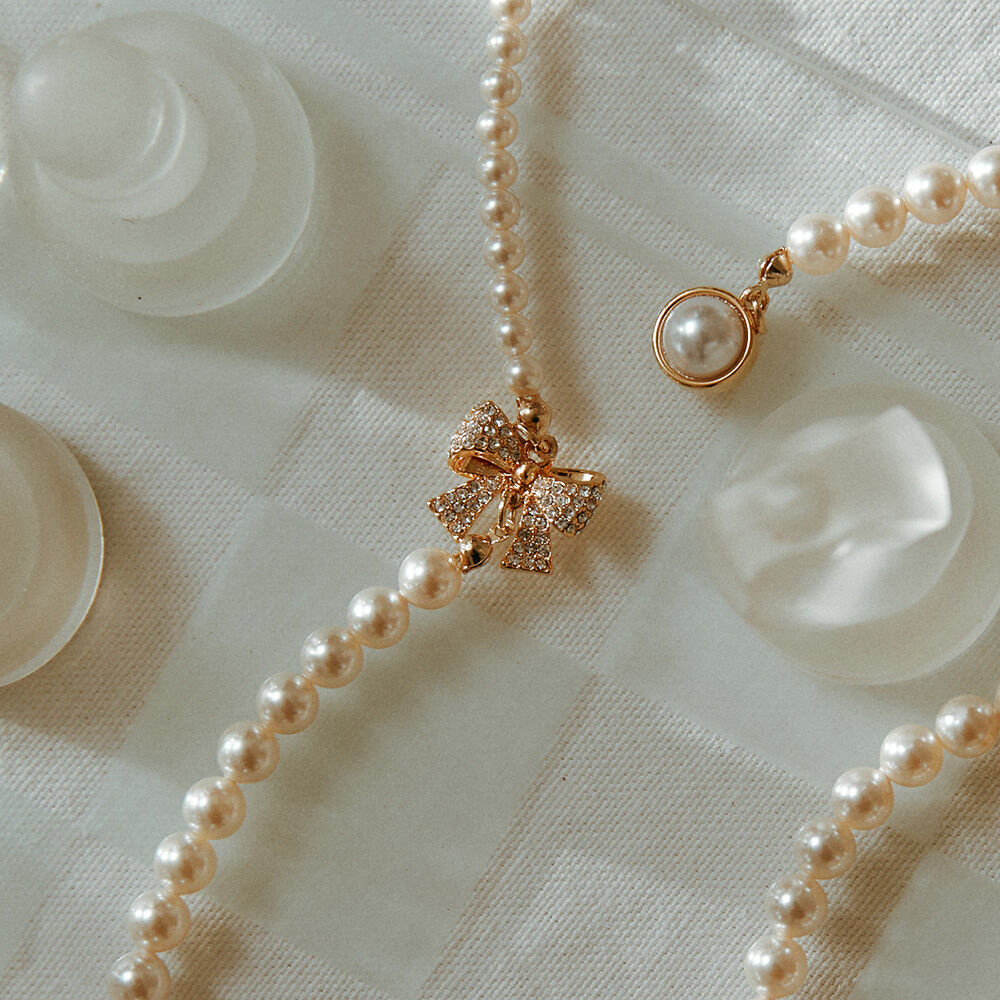 韓國VINTAGE HOLLYWOOD - Twinkle Ribbon Pearl 2-Way Necklace