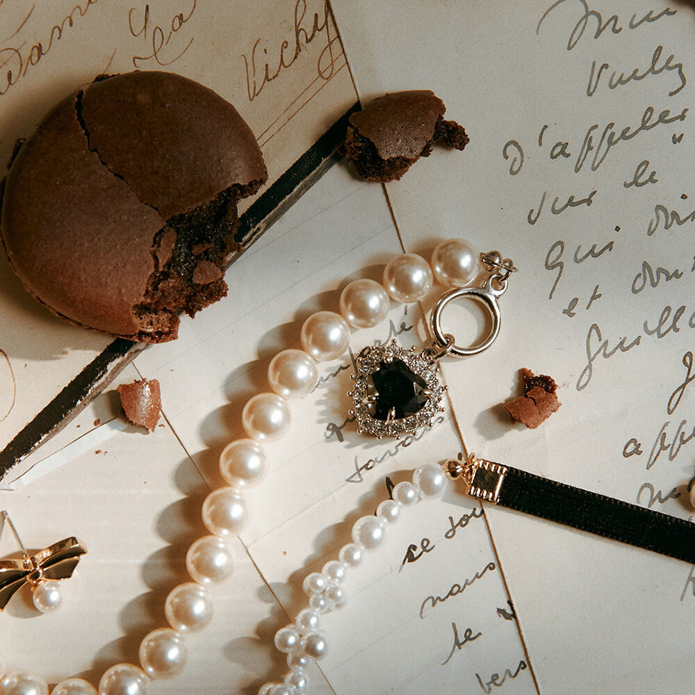 韓國VINTAGE HOLLYWOOD - Black Heart Stone Pearl Necklace