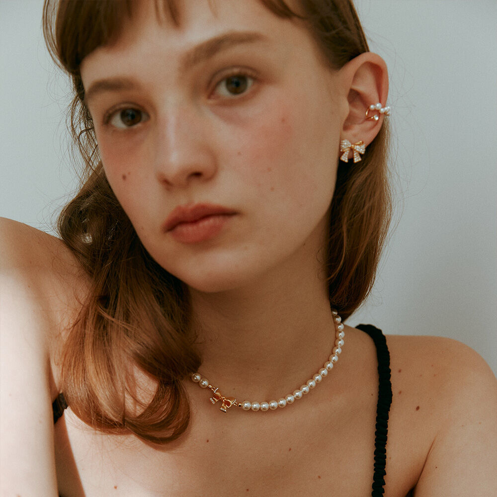 韓國VINTAGE HOLLYWOOD - Edge Ribbon Pearl Necklace