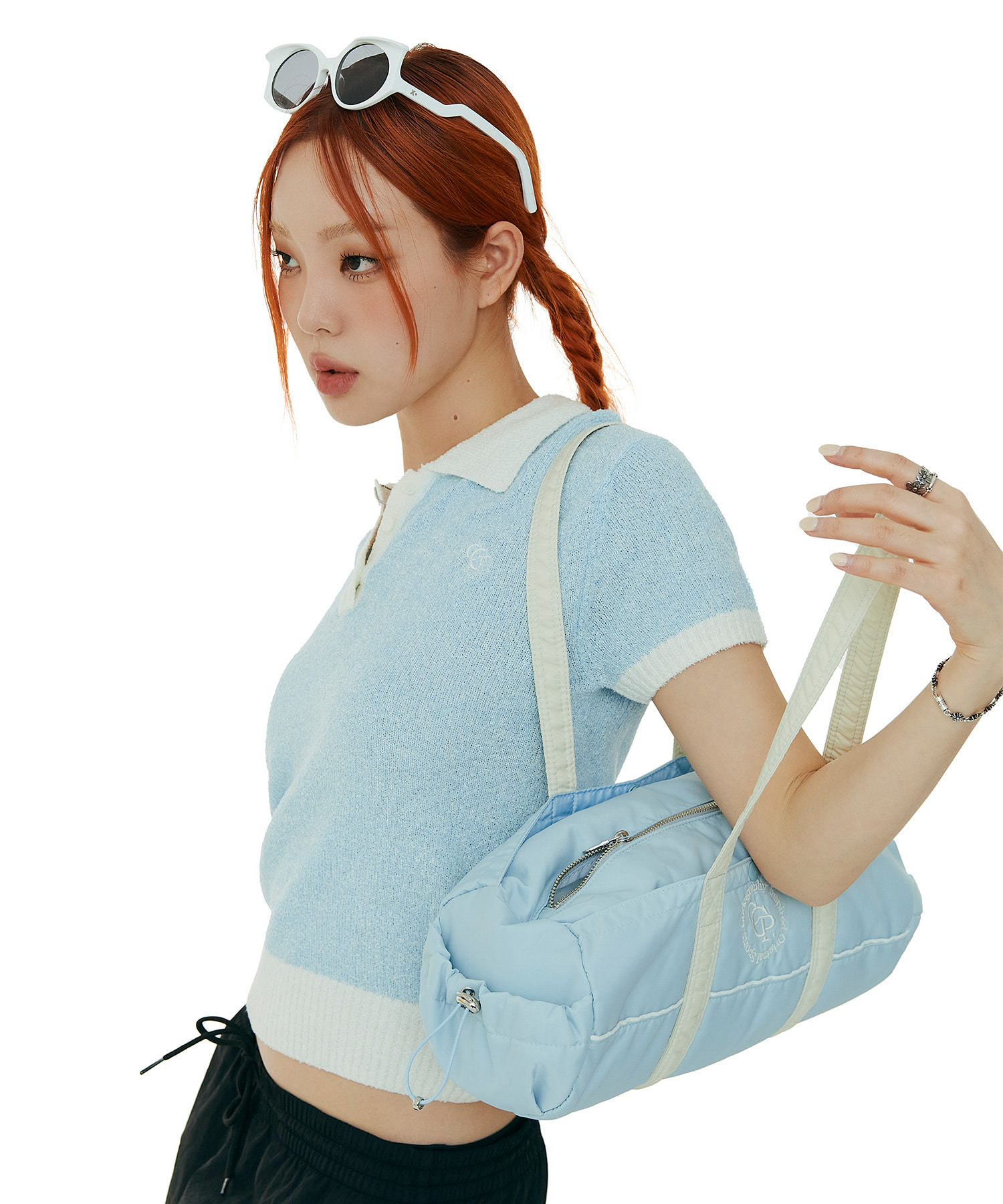 韓國CODEGRAPHY - CGP DIAGONAL COLLAR CONTRAST CROP KNIT_sky blue