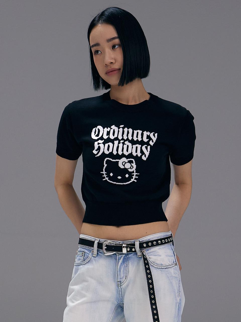 [Ordinary X Hello Kitty] Jacquard Half Sleeve Knit BLACK