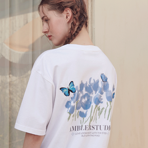 韓國Ambler - Embler Unisex Blue Butterfly Overfit Short Sleeve T-shirt AS1030 (White)