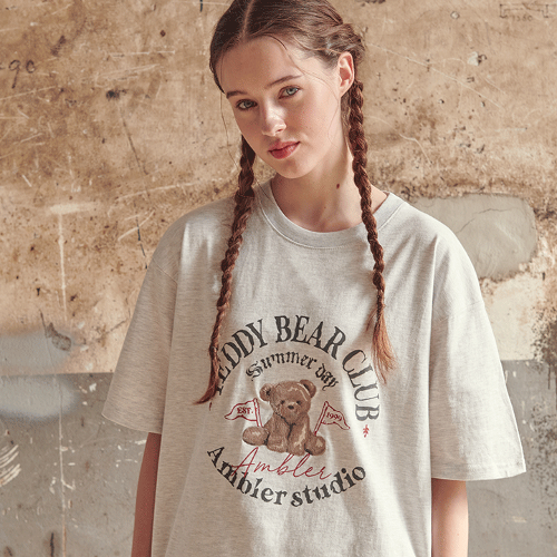 韓國Ambler - Ambler Unisex TEDDY BEAR CLUB Overfit Short Sleeve T-Shirt AS1028 (Back Melange) - Embler