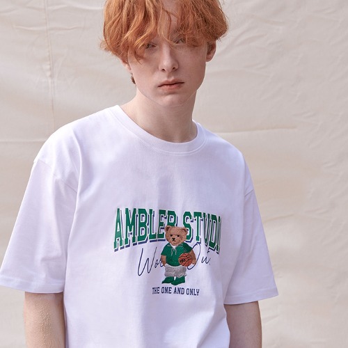 韓國Ambler - Embler Unisex [16 Number] Basketball Bear Overfit Short Sleeve T-Shirt AS1003 (White)