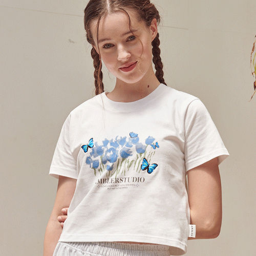 韓國Ambler - Embler Blue Butterfly Crop Short Sleeve T-Shirt ACR404 (White)