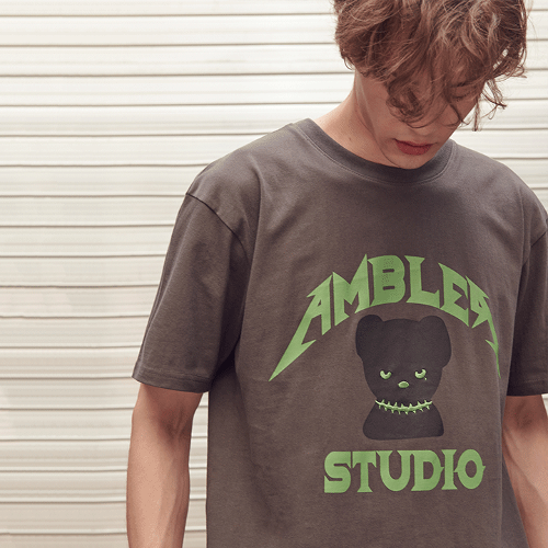 韓國Ambler - Embler Unisex Kitsch Bear Overfit Short Sleeve T-Shirt AS1026 (Dark Gray)