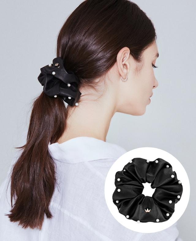 韓國J.ESTINA - PERLINA Leather Hair Scrunchie - Black