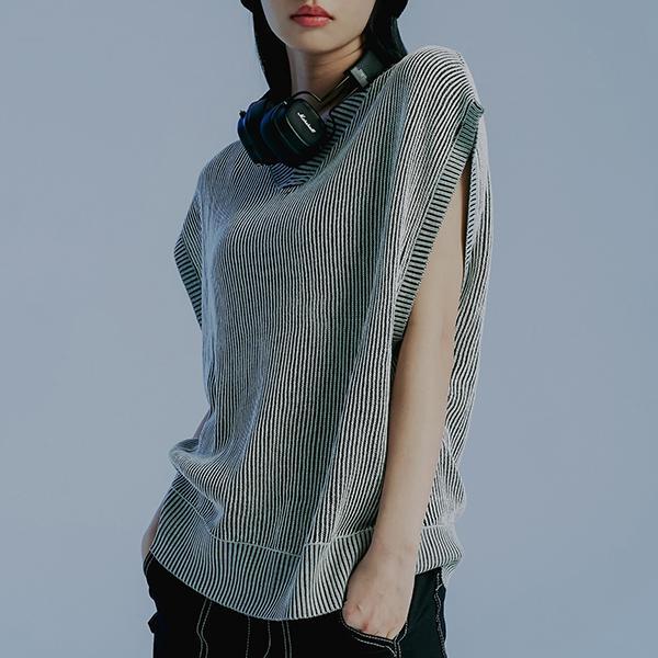 ROMANTIC CROWN-TWO TONE RIB KNIT VEST_GREEN