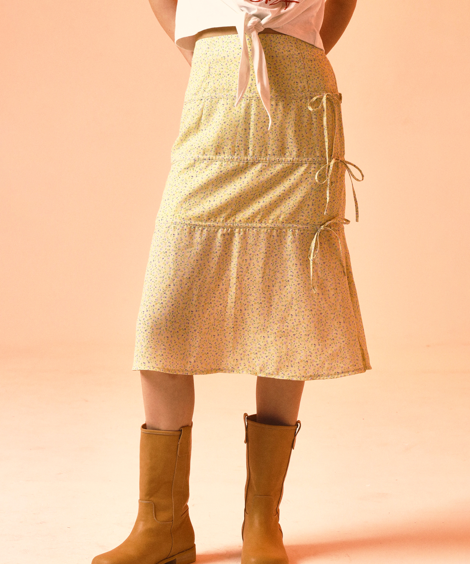 PRENDA-TREE-RUNG SIDE RIBBONE FLOWER SKIRT YELLOW