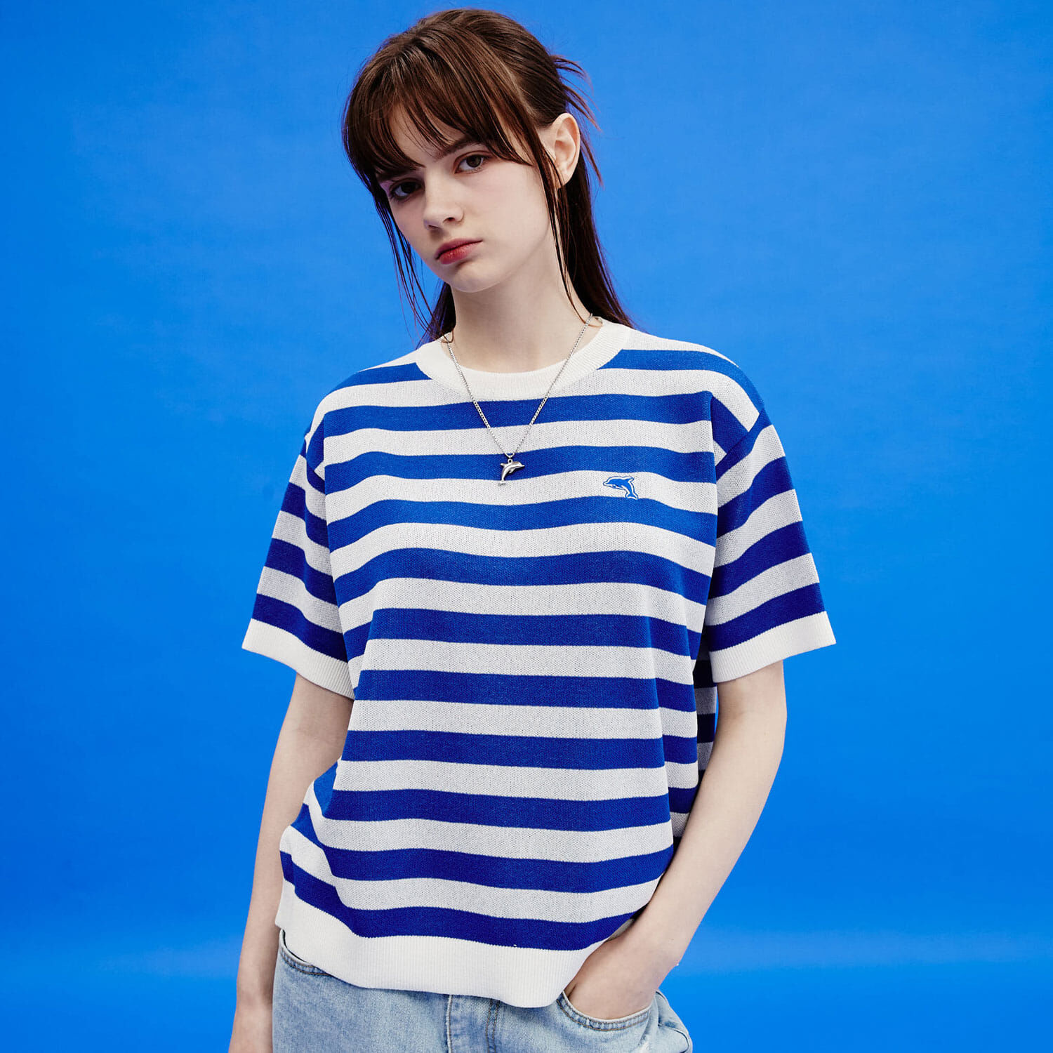 韓國WAIKEI - Dolphin Stripe Short Sleeve Knit Blue