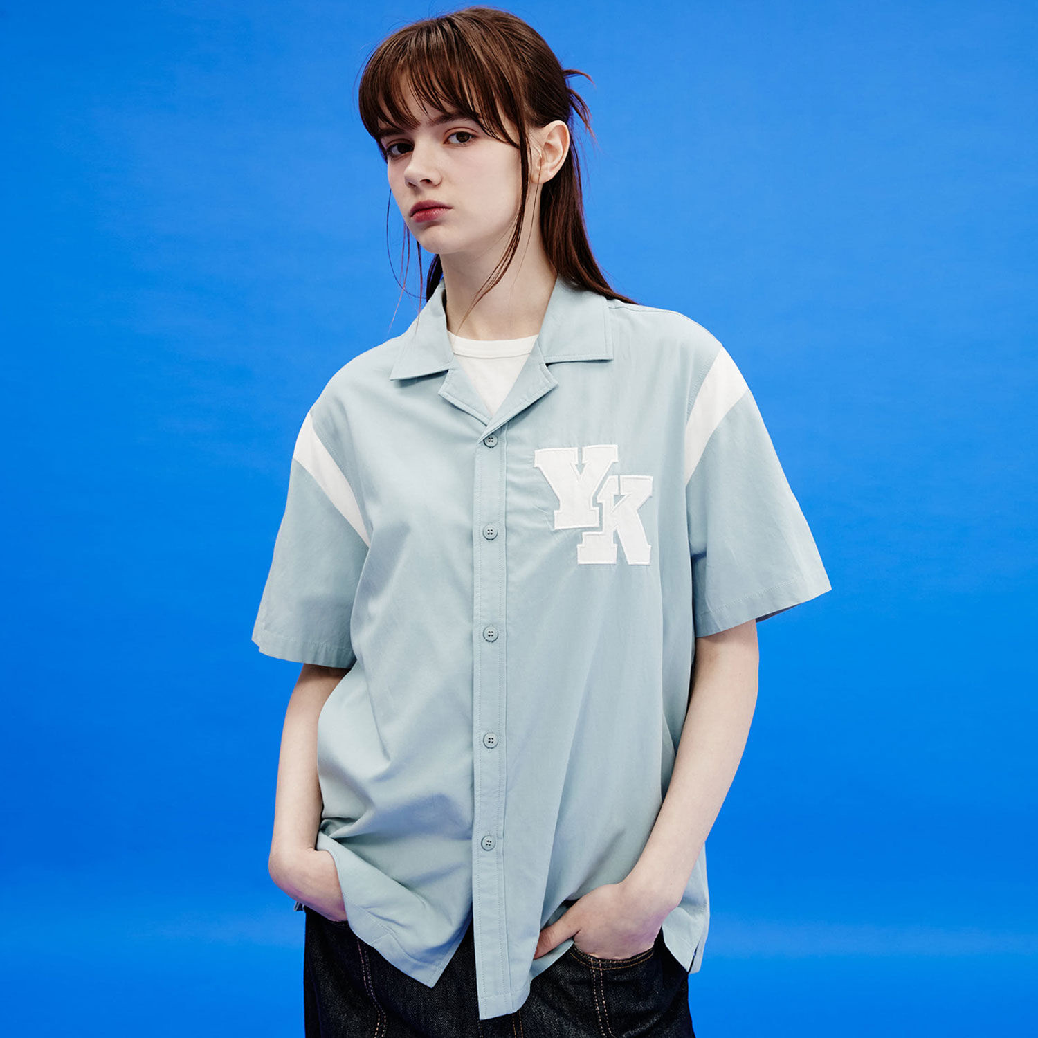 韓國WAIKEI - YK Varsity Short Sleeve Shirt Sky Blue