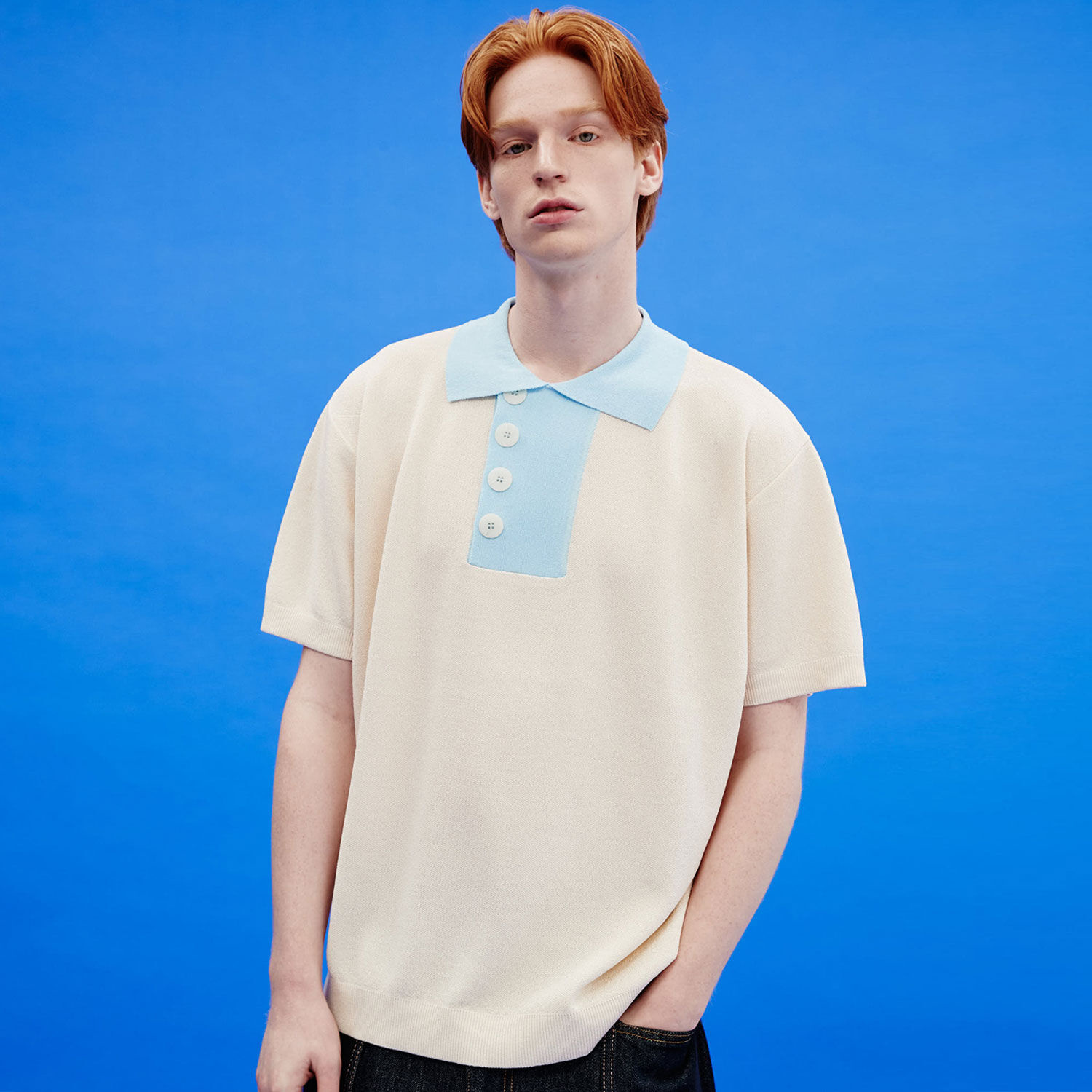 韓國WAIKEI - Two-tone Collar Short-sleeved Knit Cream