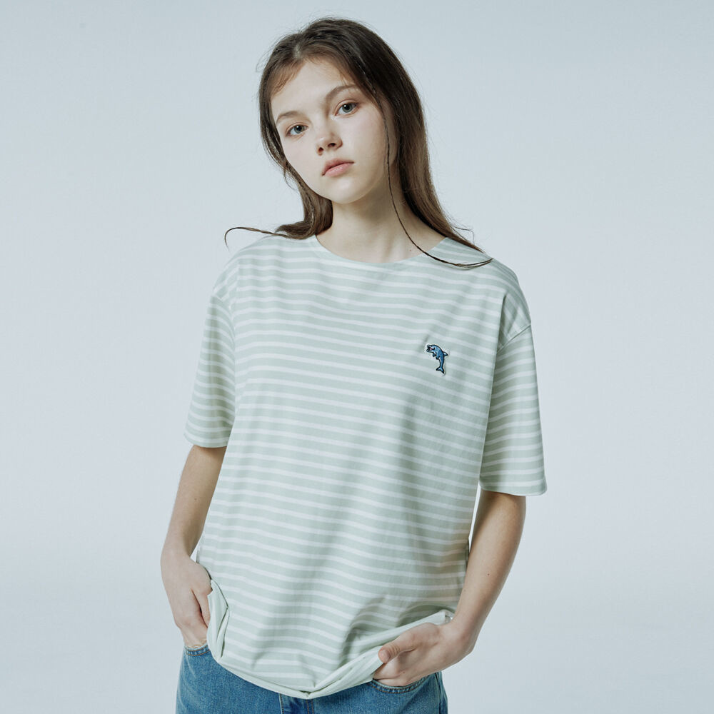 韓國WAIKEI - Dolphin Stripe Boat Neck Short Sleeve Tee Mint