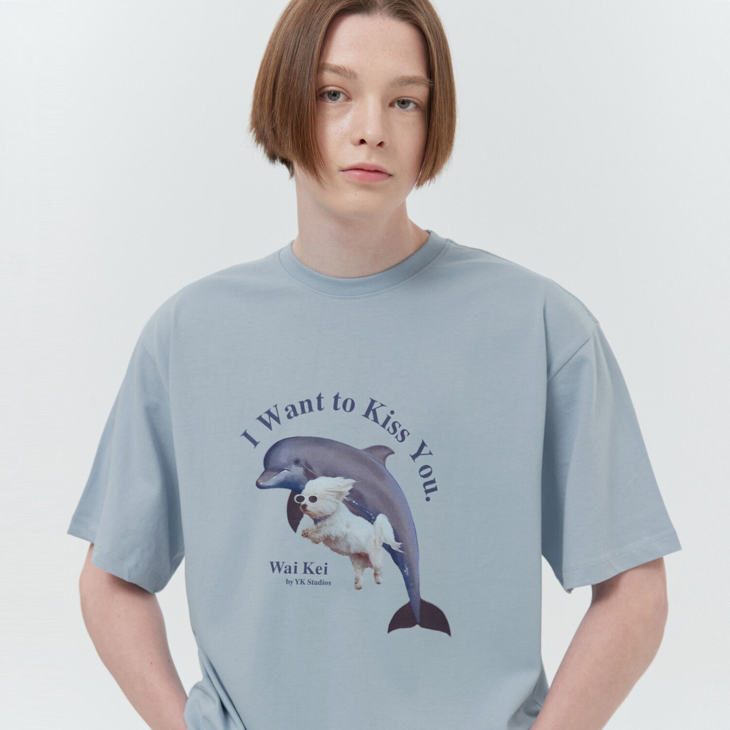韓國WAIKEI - Puppy Dolphin Jumping Short Sleeve T-shirt Sky Blue Overfit -
