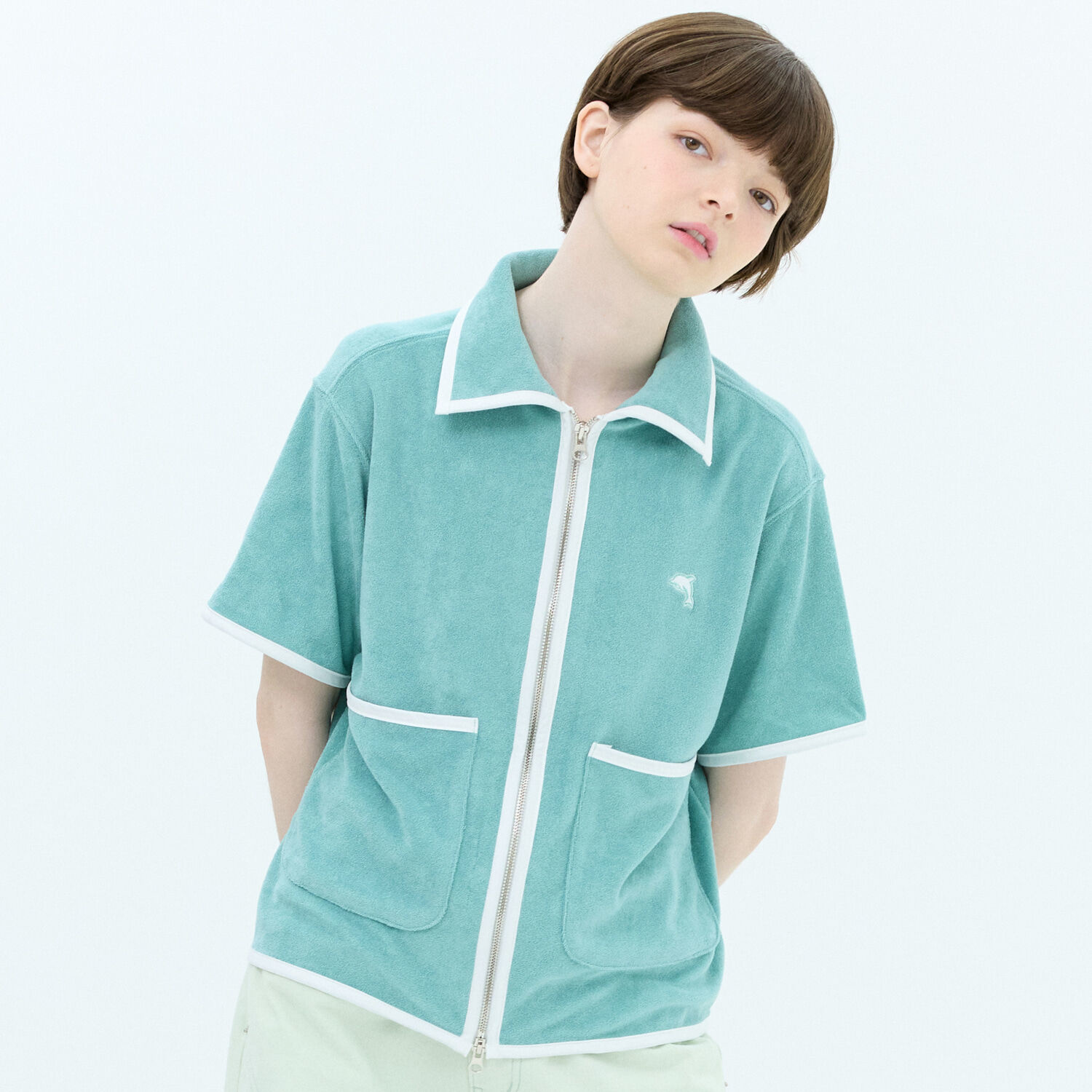 韓國WAIKEI - Line Zip-up Terry Short Sleeve Shirt Mint