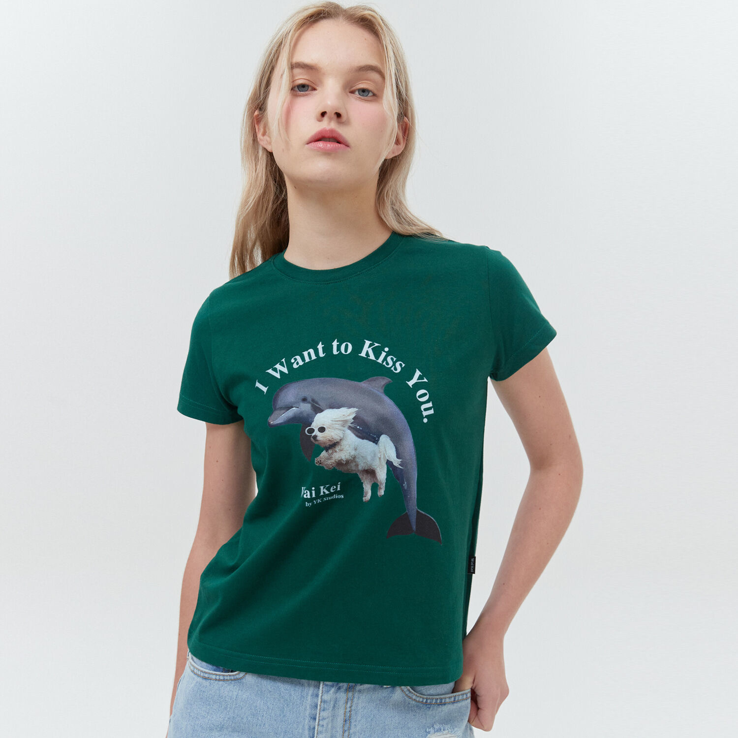韓國WAIKEI - Puppy Dolphin Jumping Short Sleeve T-shirt Green