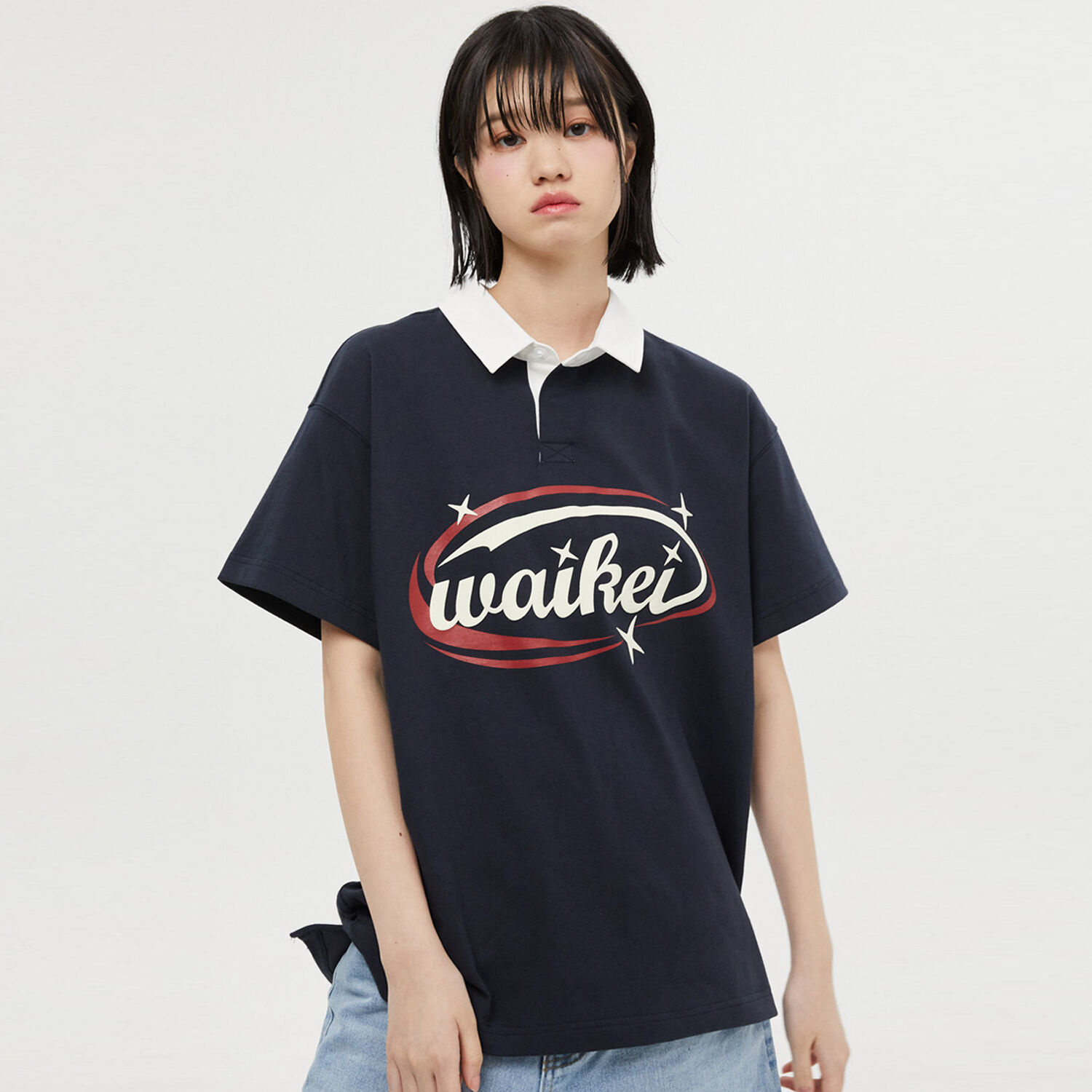 韓國WAIKEI - Logo Rugby Collar Short Sleeve T-shirt Navy
