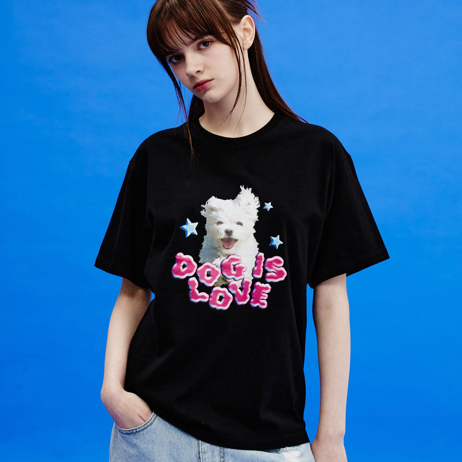 韓國WAIKEI - Dog Is Love Cloud Short Sleeve T-shirt Black