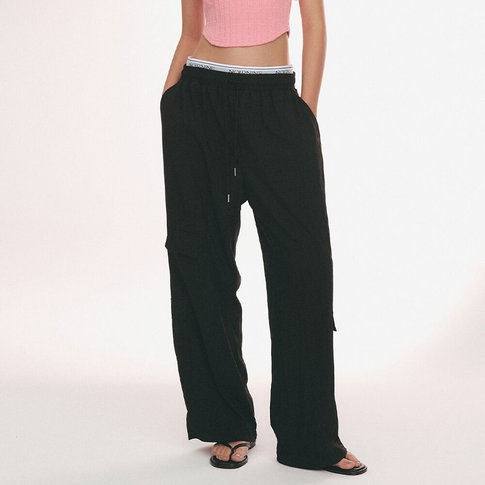 韓國NOIRNINE - Logo Banding Wide Cargo Pants [BLACK] 