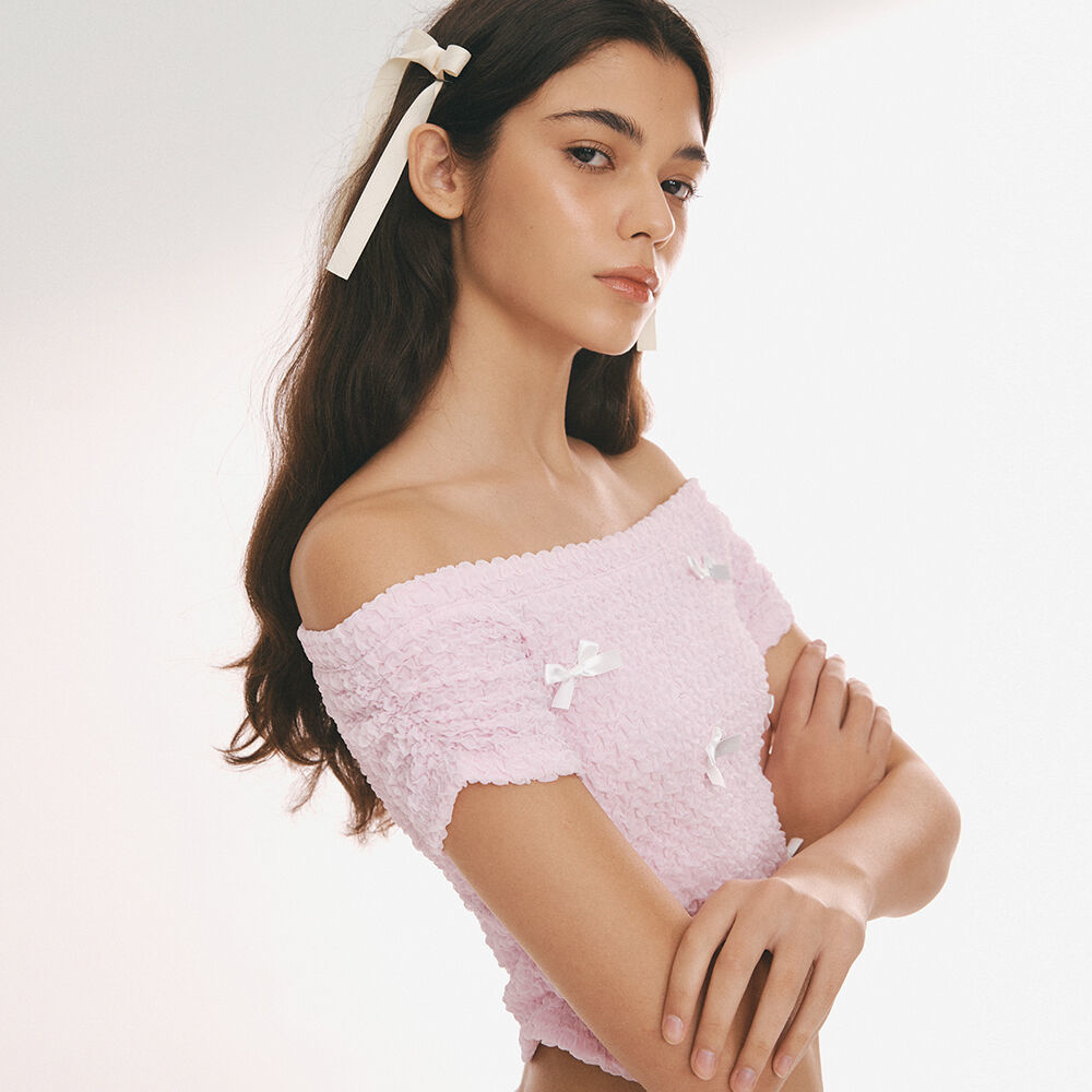 韓國NOIRNINE - Ribbon Off-Shoulder T-shirts [PINK] 