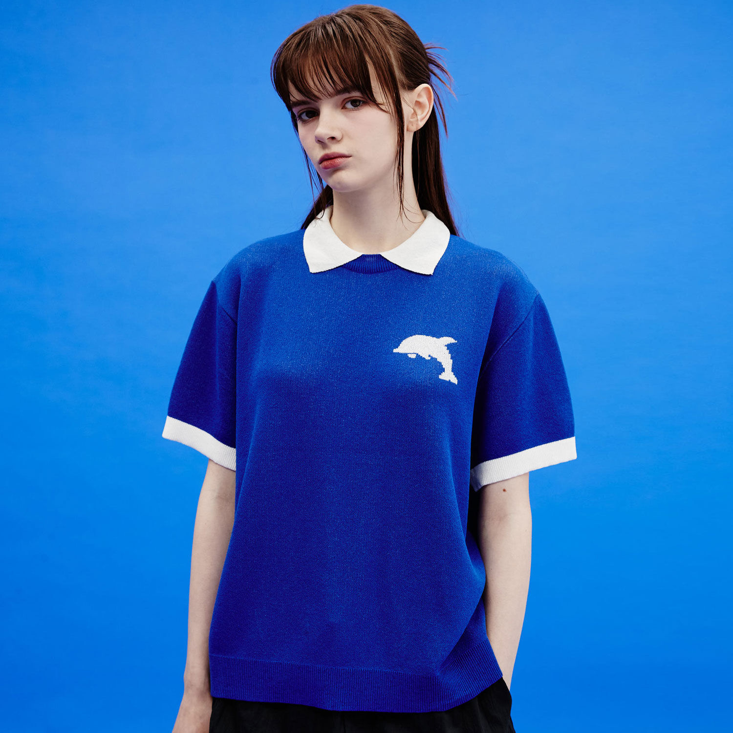 韓國WAIKEI - Dolphin Collar Short Sleeve Knit Blue