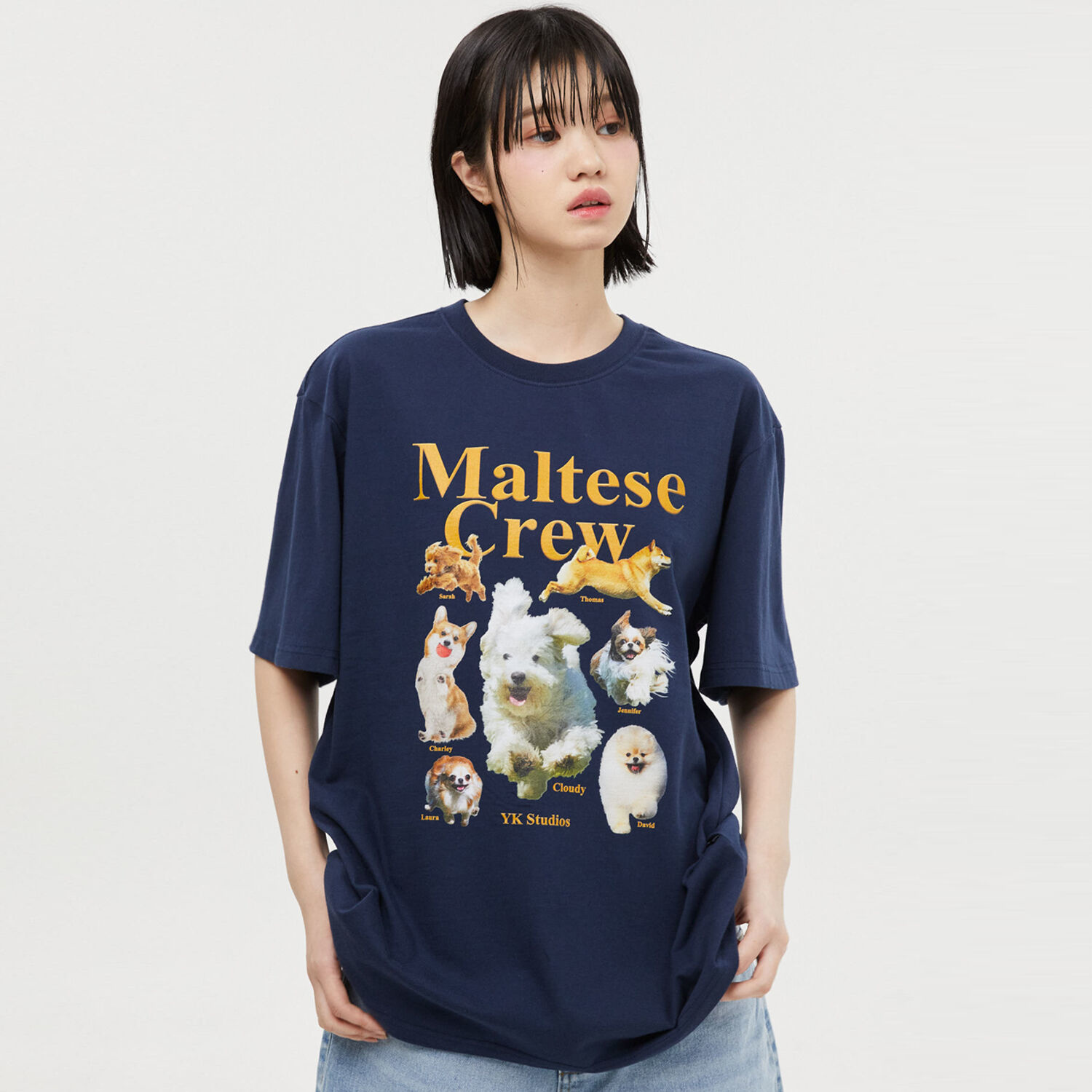 韓國WAIKEI - [Itzy Yuna Wearing] Maltese Crew Short Sleeve T-shirt Navy