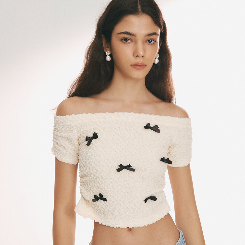 韓國NOIRNINE - Ribbon Off-Shoulder T-shirts [CREAM] 