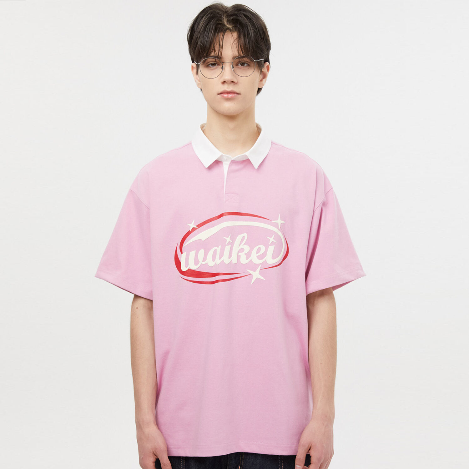 韓國WAIKEI - Logo Rugby Collar Short Sleeve T-shirt Pink