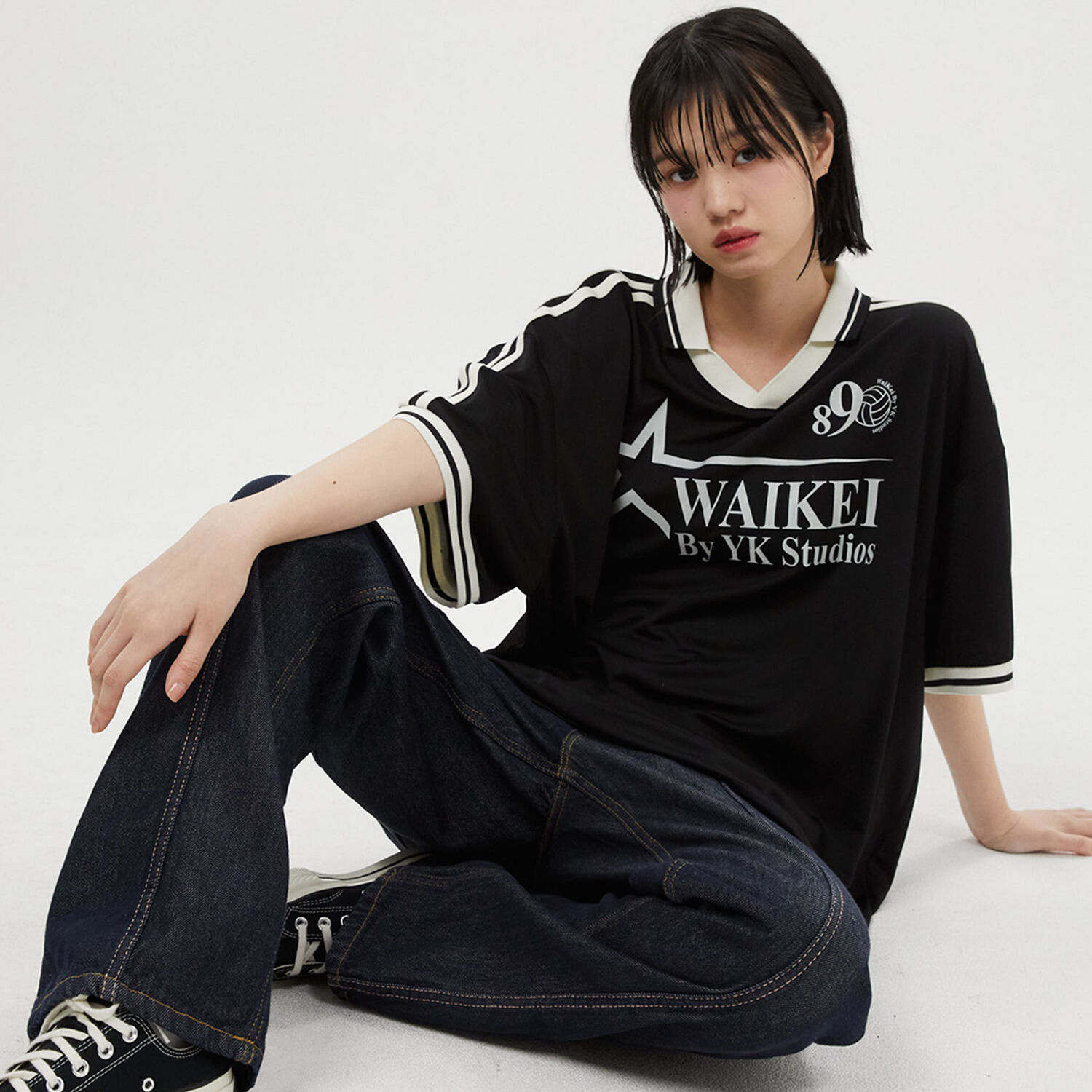 韓國WAIKEI - Star Logo Collar Jersey Short Sleeve T-shirt Black