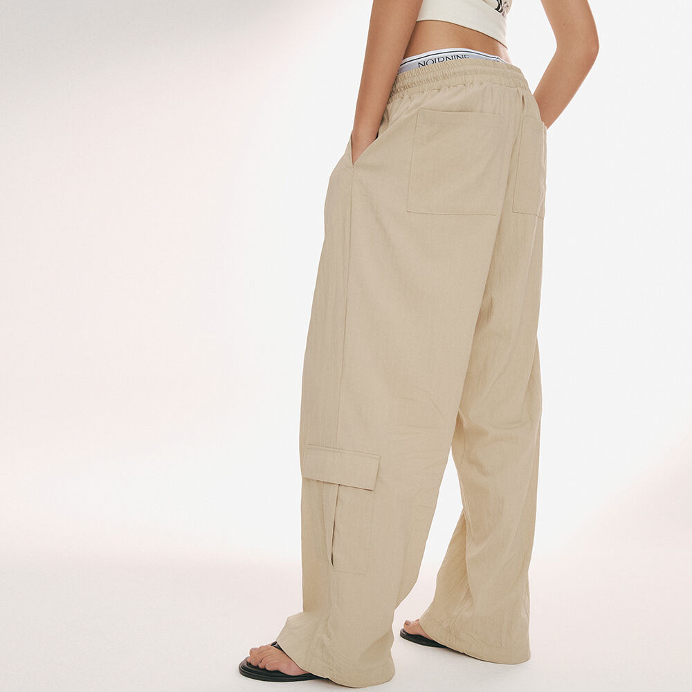 韓國NOIRNINE - Logo Banding Wide Cargo Pants [KHAKI] 