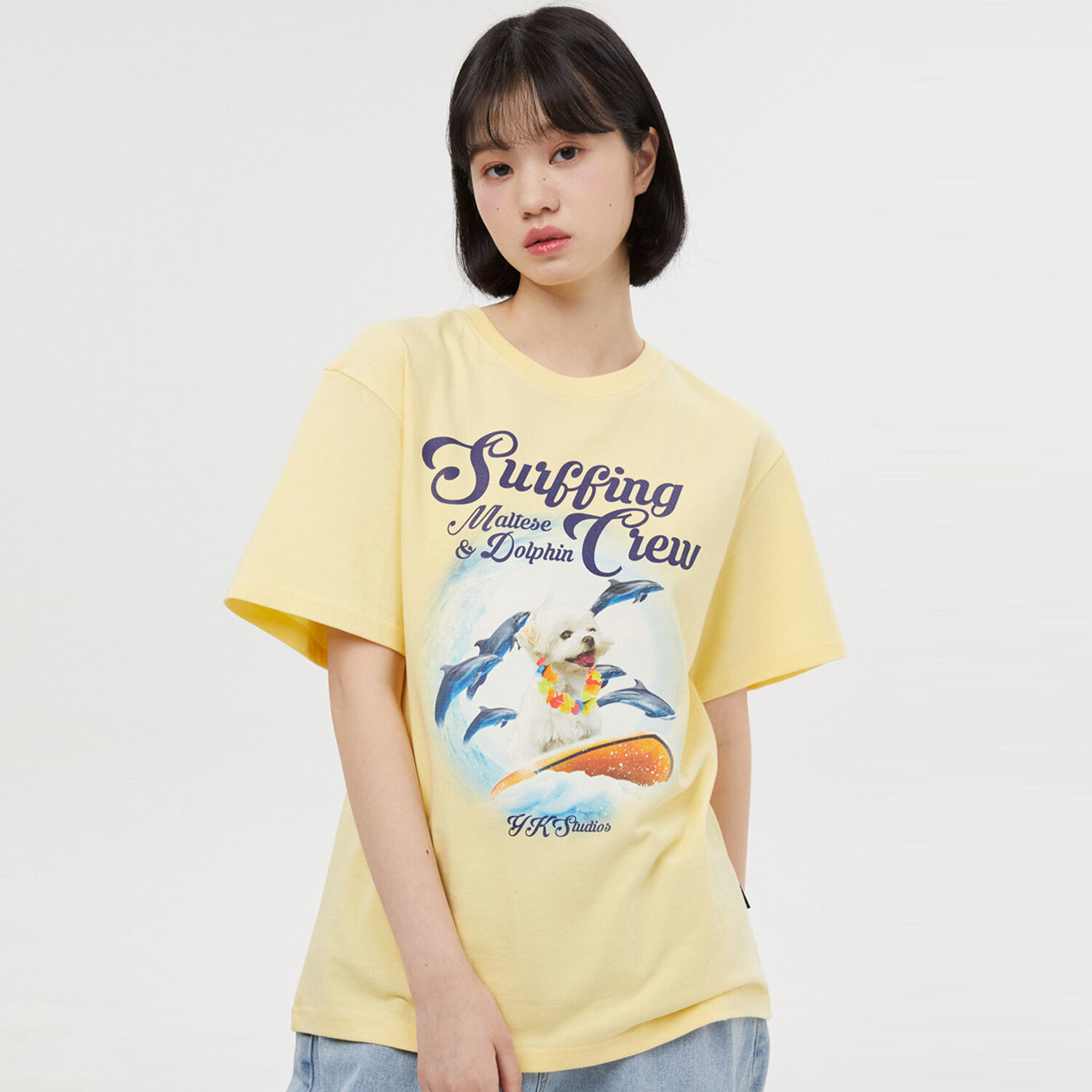 韓國WAIKEI - Puppy Dolphin Surfing Crew Short Sleeve T-shirt Light Yellow