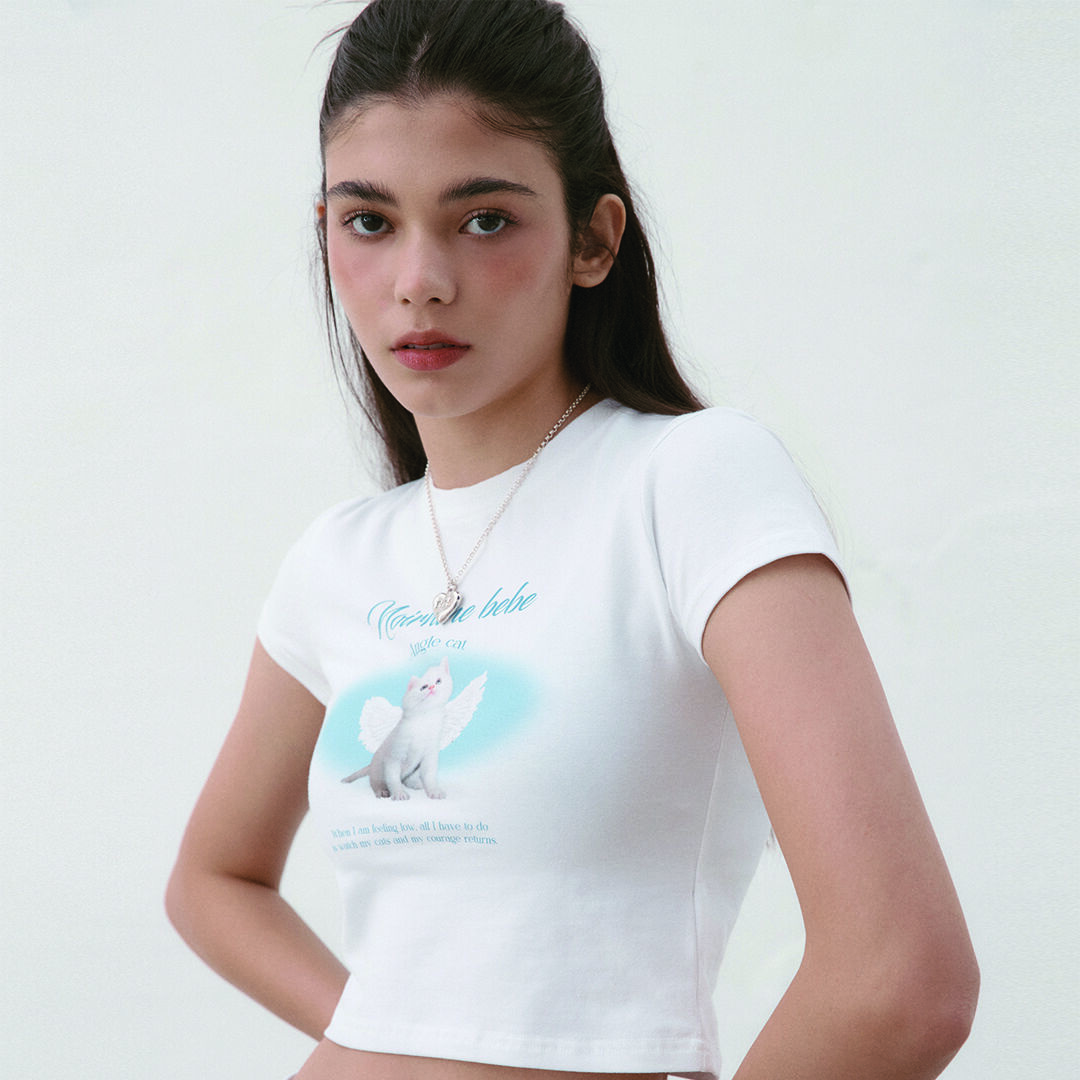 韓國NOIRNINE - Angel Cat Crop T-shirts [IVORY] 