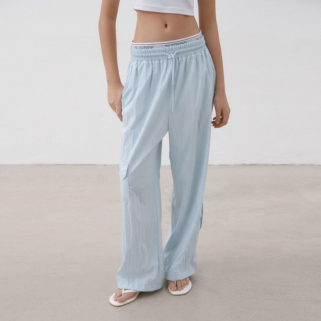 韓國NOIRNINE - Logo Banding Wide Cargo Pants [SKY BLUE]