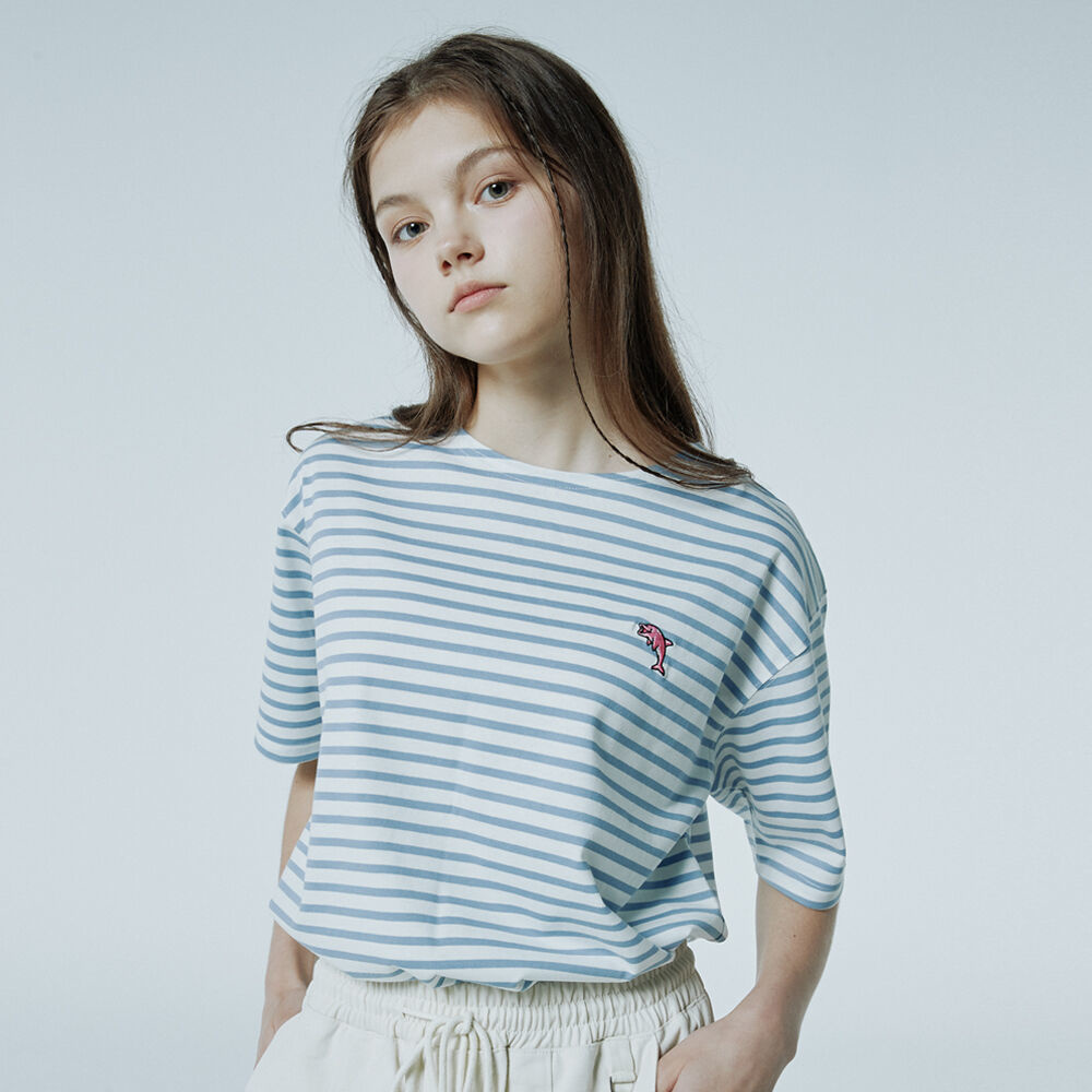 韓國WAIKEI - Dolphin Stripe Boat Neck Short Sleeve Tee White Sora