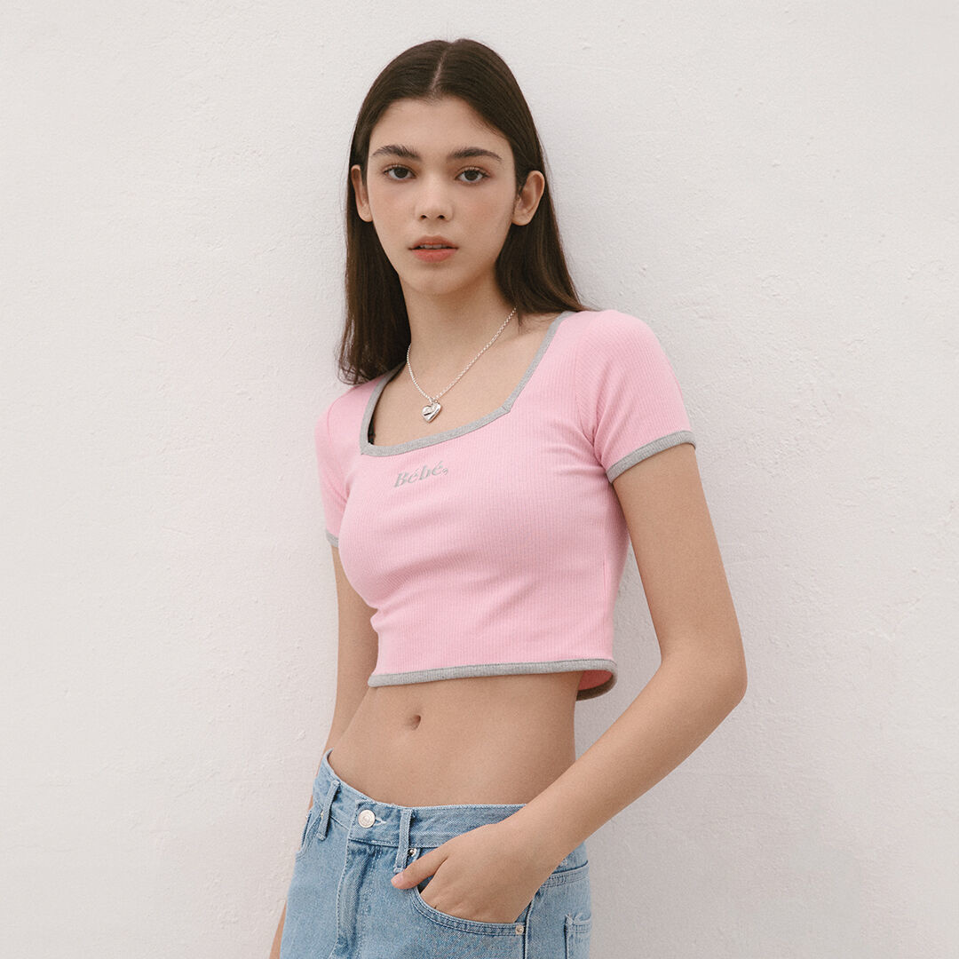 韓國NOIRNINE - Bébé Square Neck Ribbed Top [PINK] 