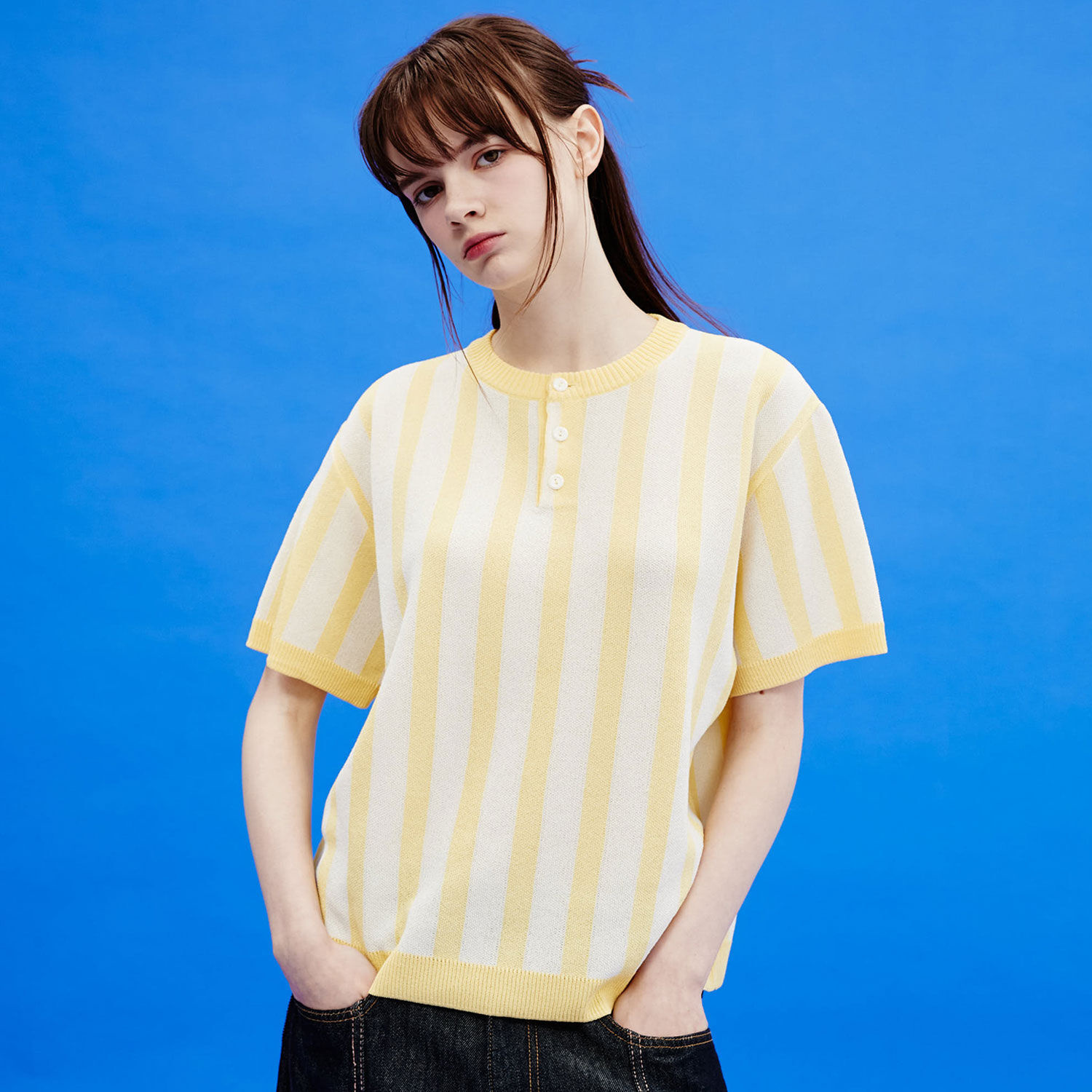 韓國WAIKEI - Stripe Henley Neck Short Sleeve Knit Light Yellow