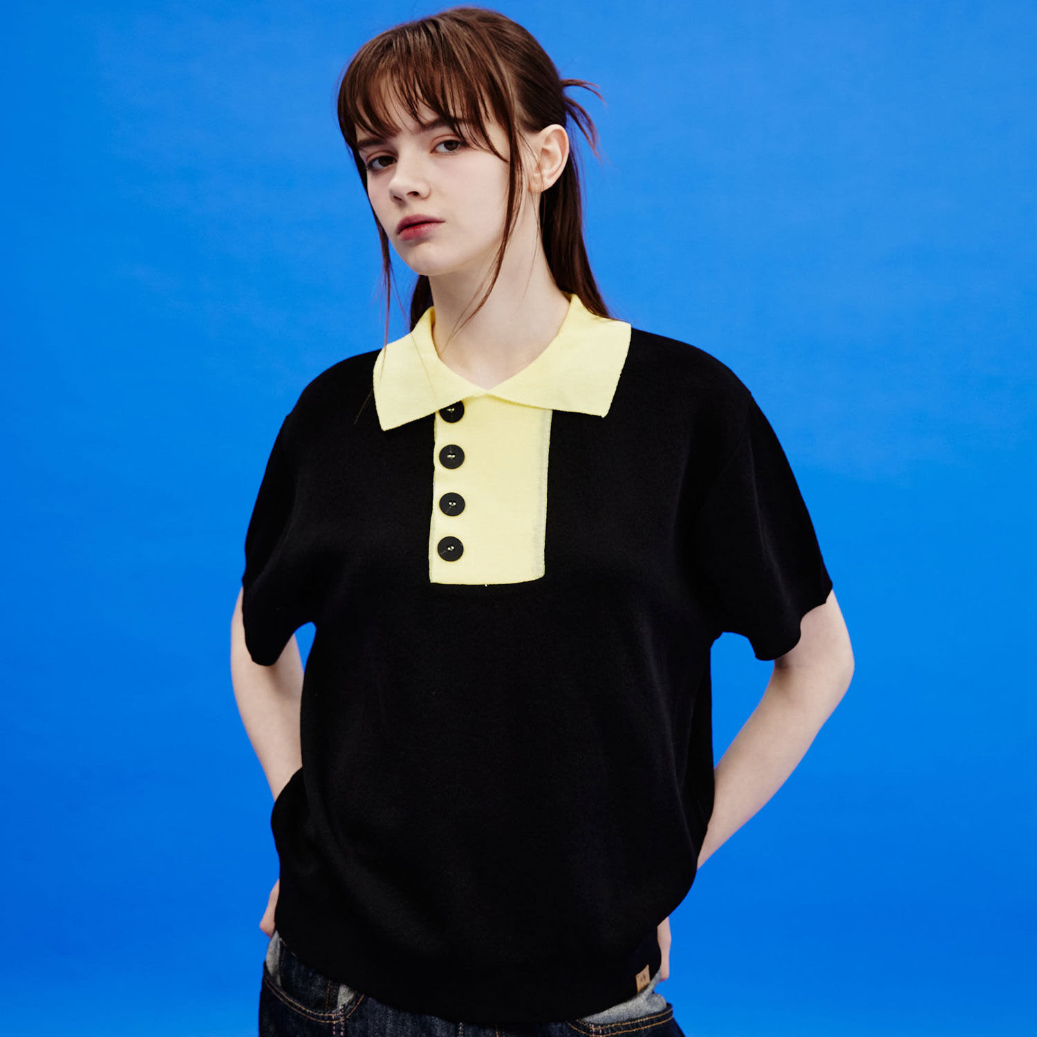 韓國WAIKEI - Two-tone Collar Short Sleeve Knit Black