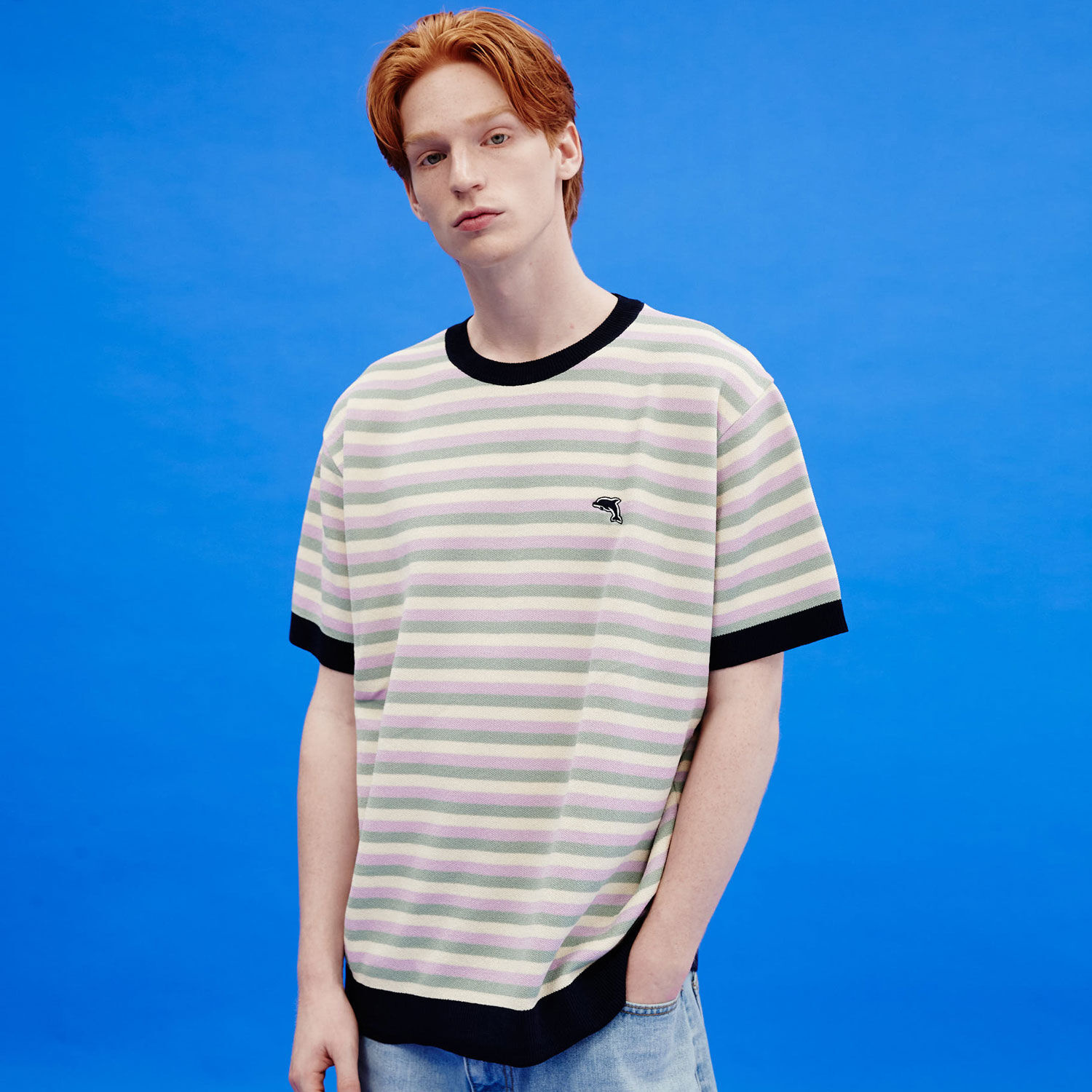 韓國WAIKEI - Dolphin Stripe Color Mix Short Sleeve Knit Green