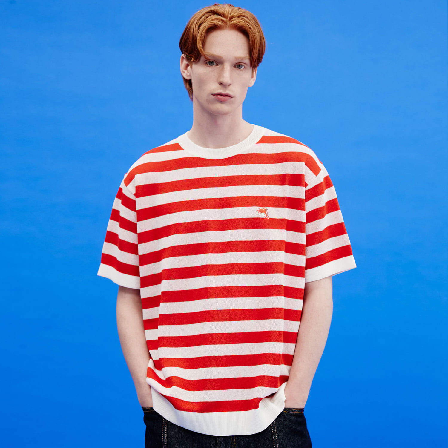韓國WAIKEI - Dolphin Stripe Short Sleeve Knit Red