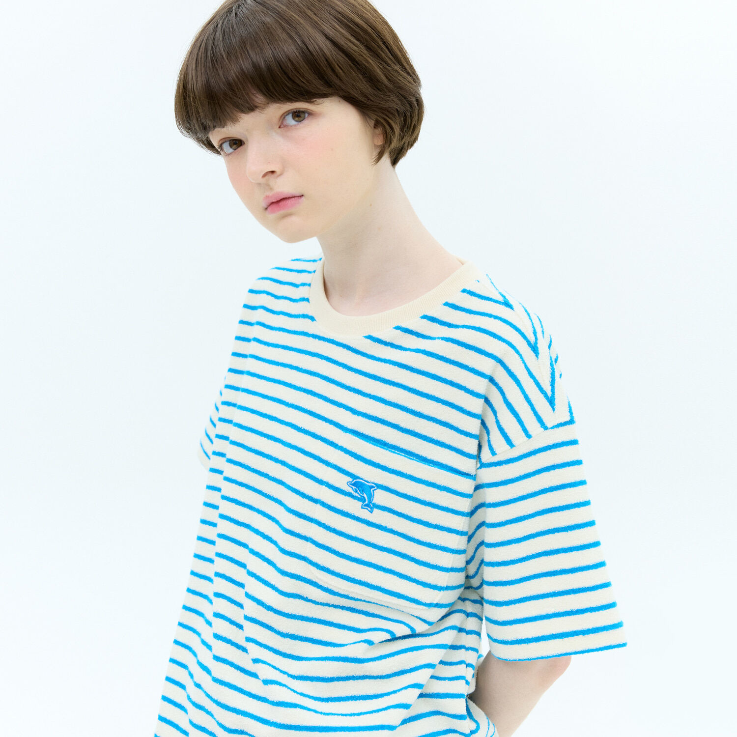 韓國WAIKEI - [DKZ Mingyu worn] Striped Terry Short Sleeve T-shirt Blue